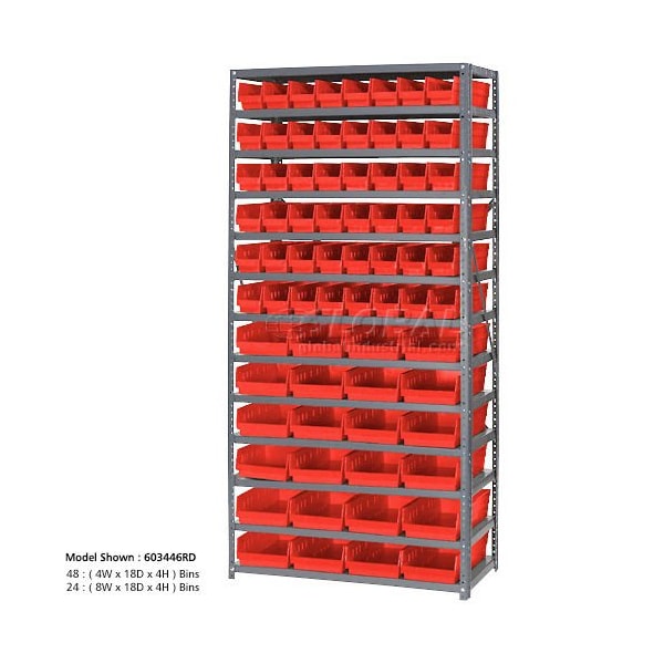 Global Industrial Steel Shelving with 96 4inH Plastic Shelf Bins Red, 36x18x72-13 Shelves 603448RD - main